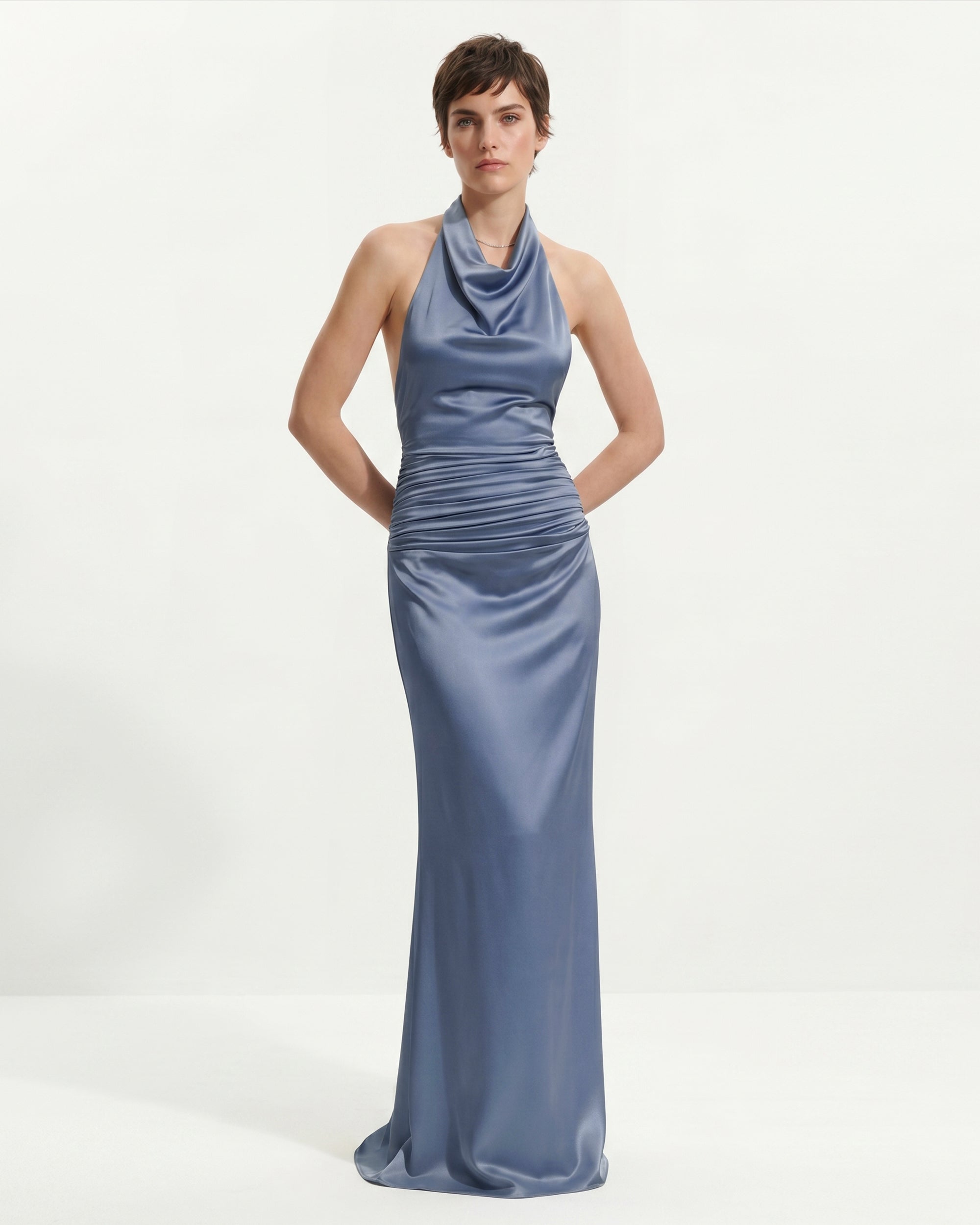 Satin Cowl Neck Ruched Maxi Gown - Misty Blue