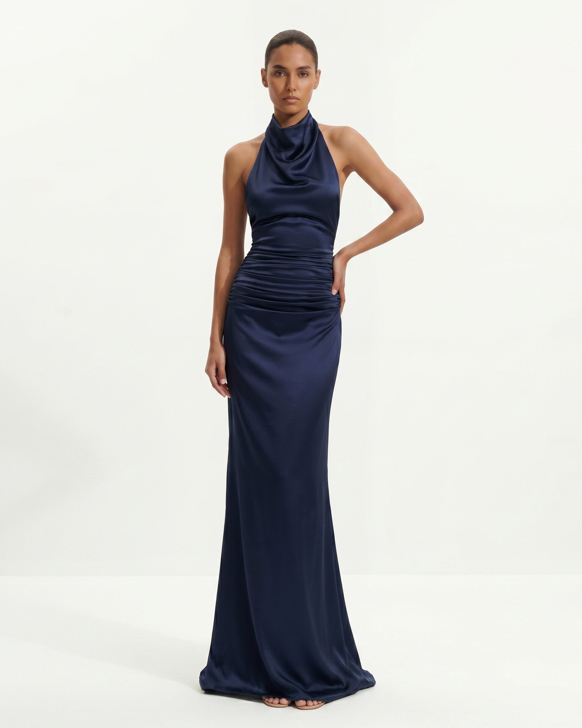 Satin Cowl Neck Ruched Maxi Gown - Navy Blue