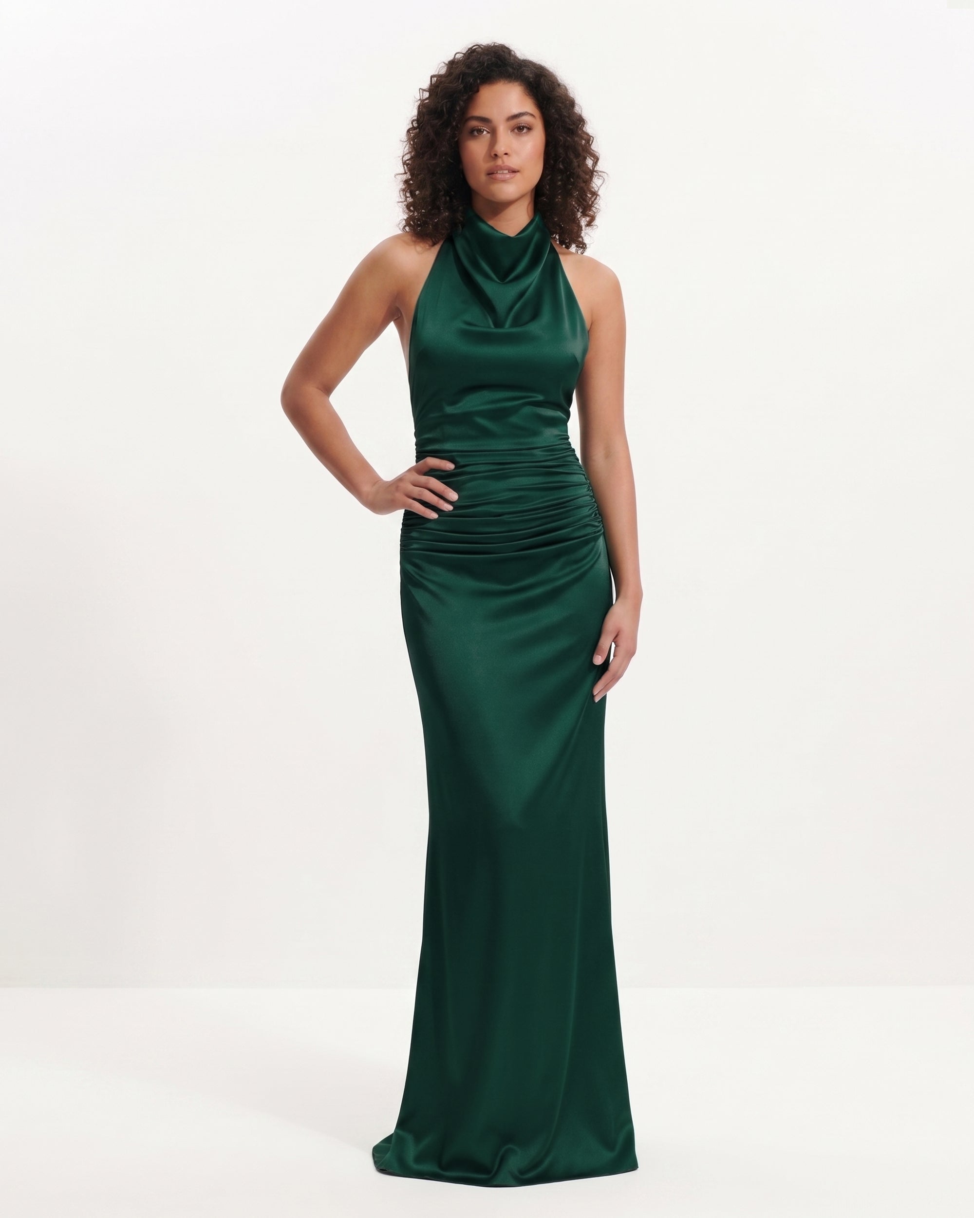 Satin Cowl Neck Ruched Maxi Gown - Emerald Green