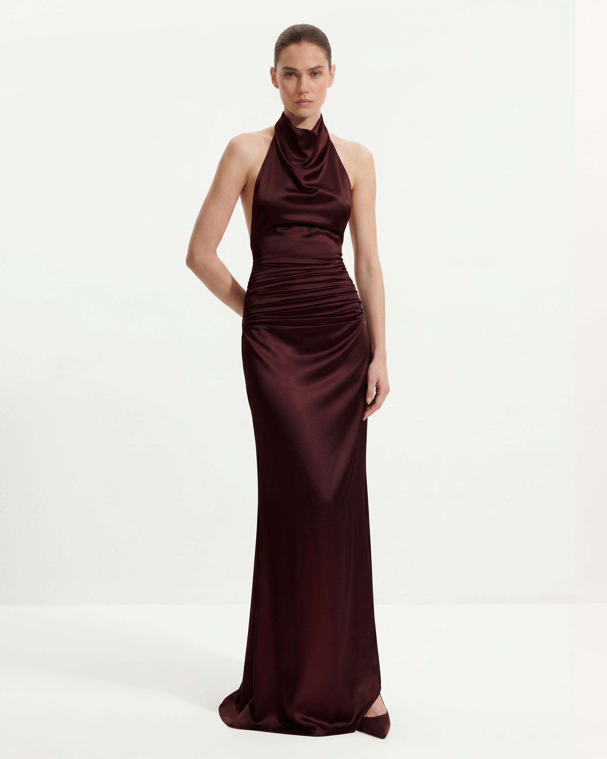 Satin Cowl Neck Ruched Maxi Gown - Burgundy