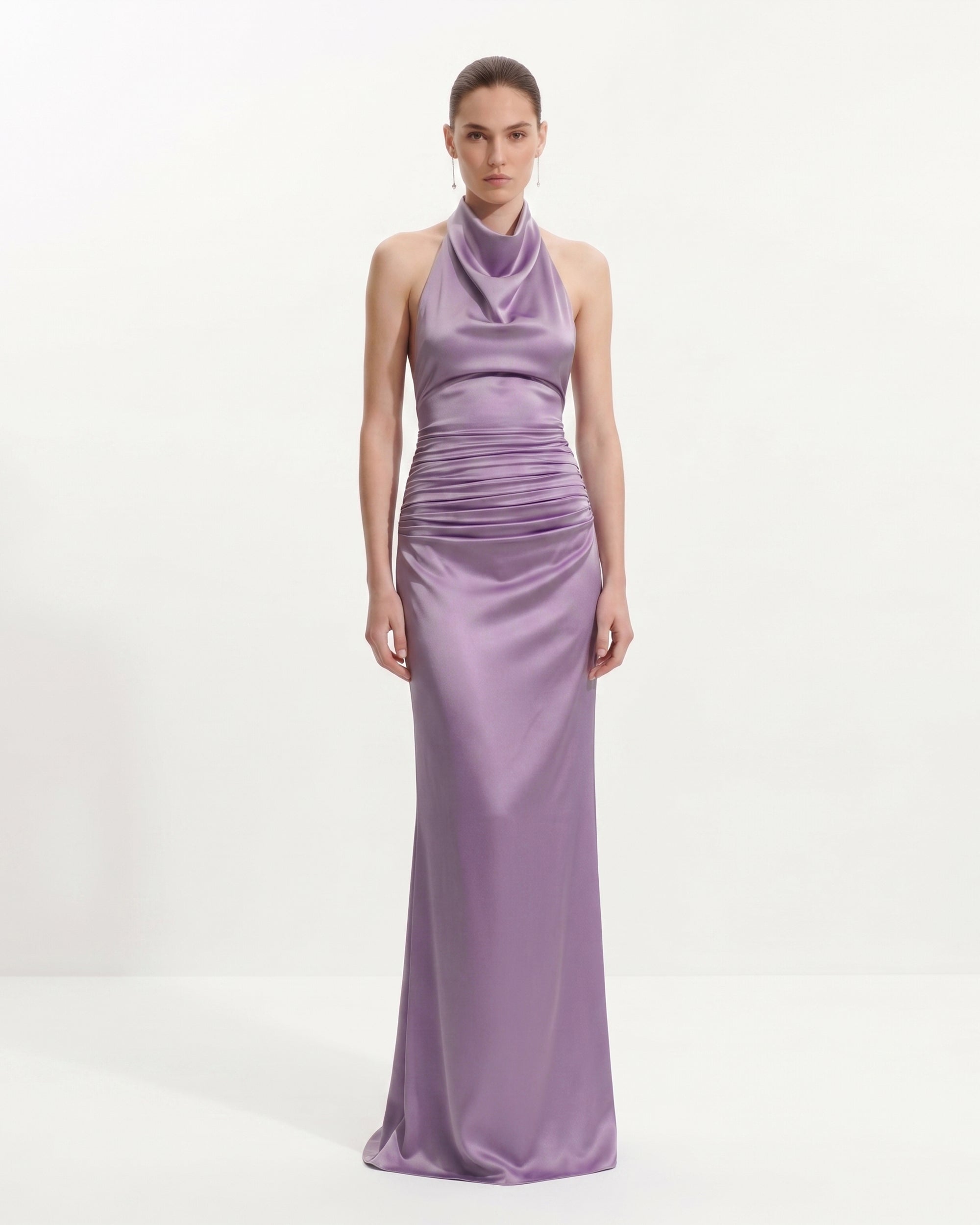 Satin Cowl Neck Ruched Maxi Gown - Purple