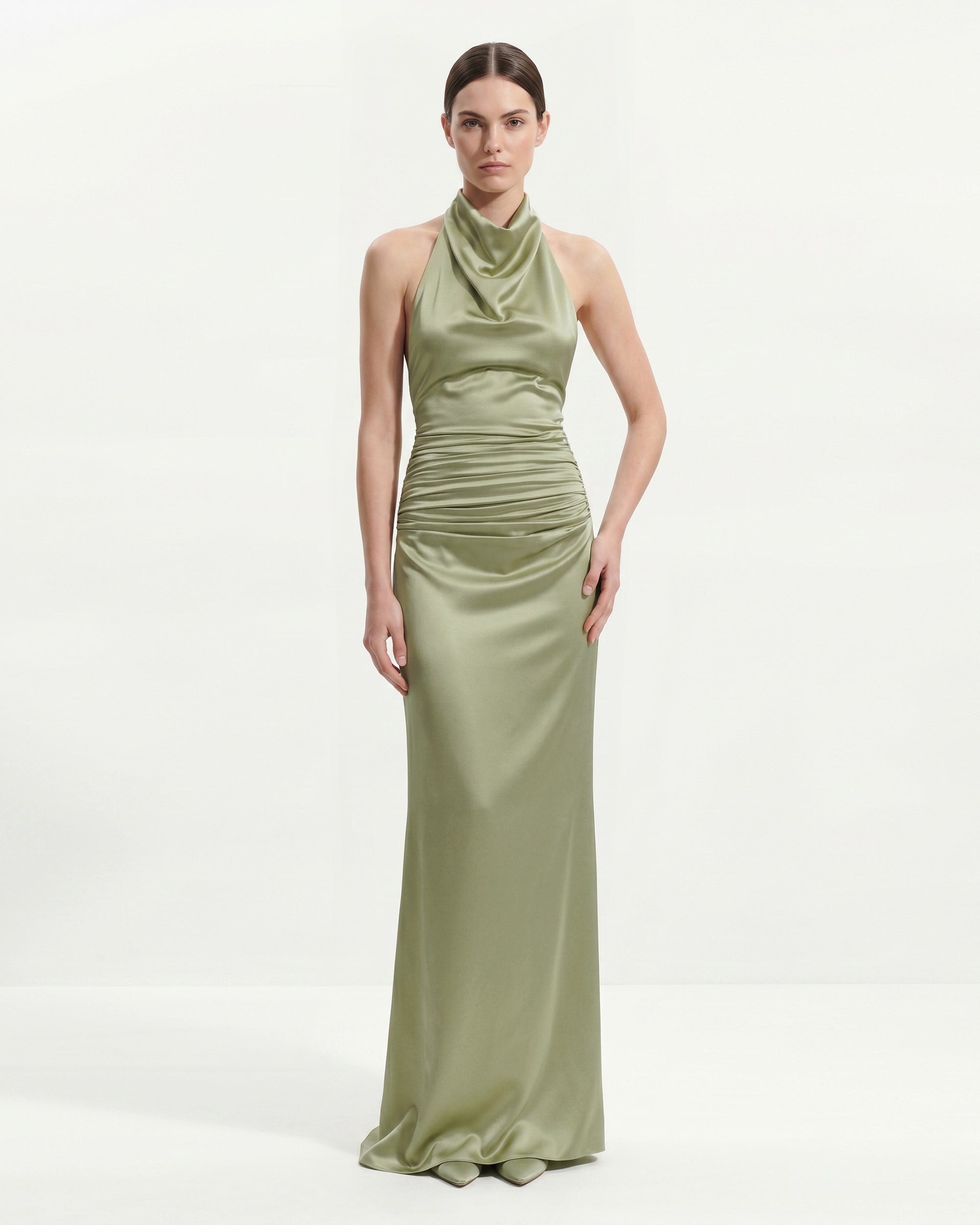 Satin Cowl Neck Ruched Maxi Gown - Sage Green
