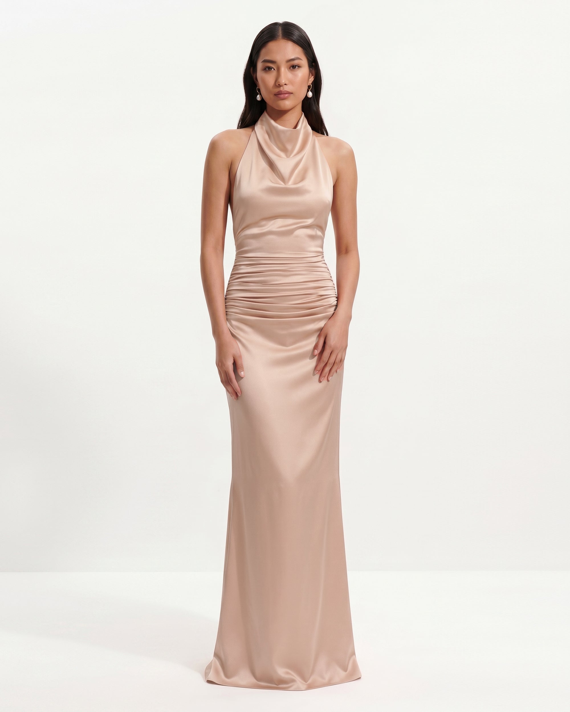 Satin Cowl Neck Ruched Maxi Gown - Champagne Rose