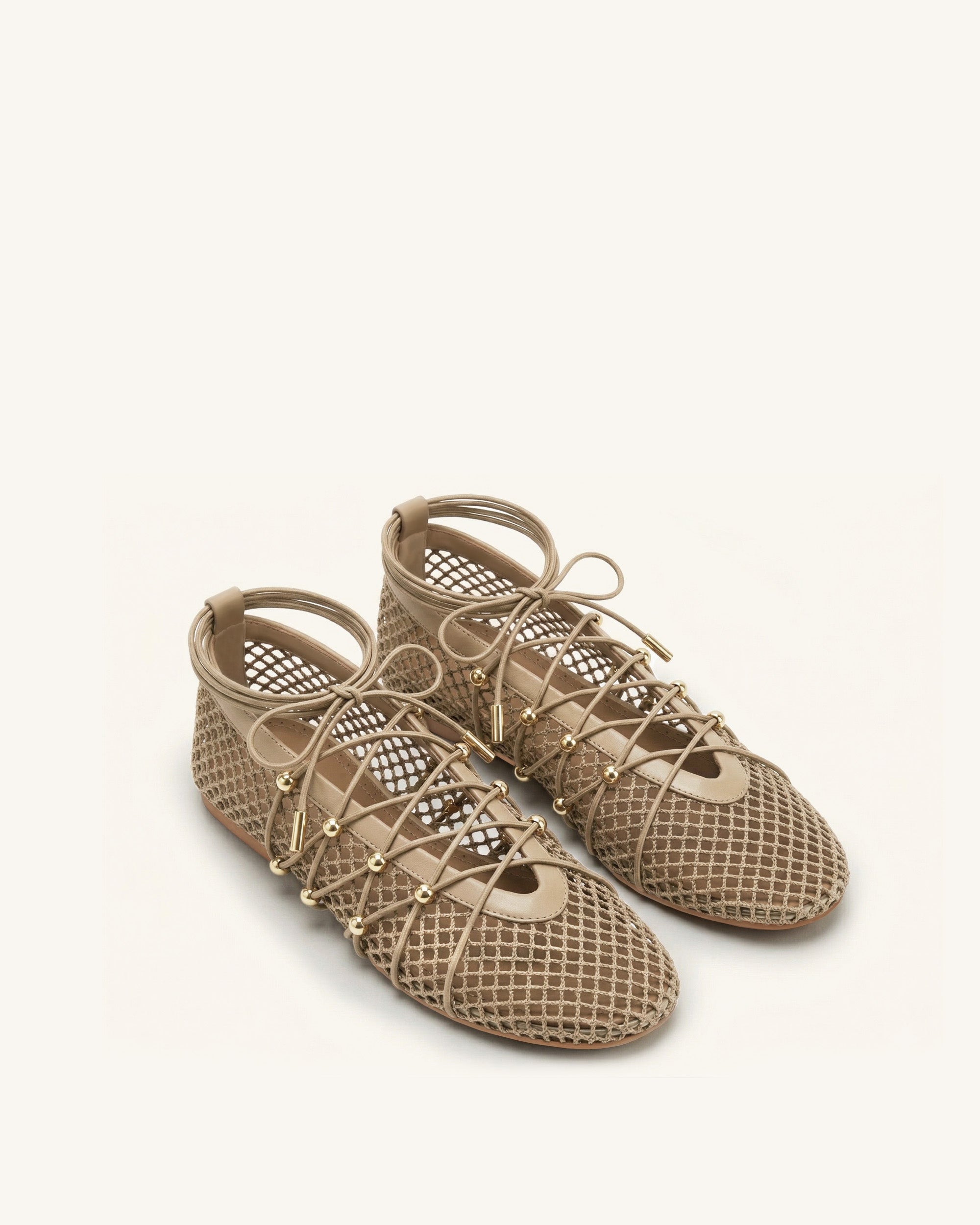 Aurelia Mesh Lace-Up Ballet Flats - Light Brown
