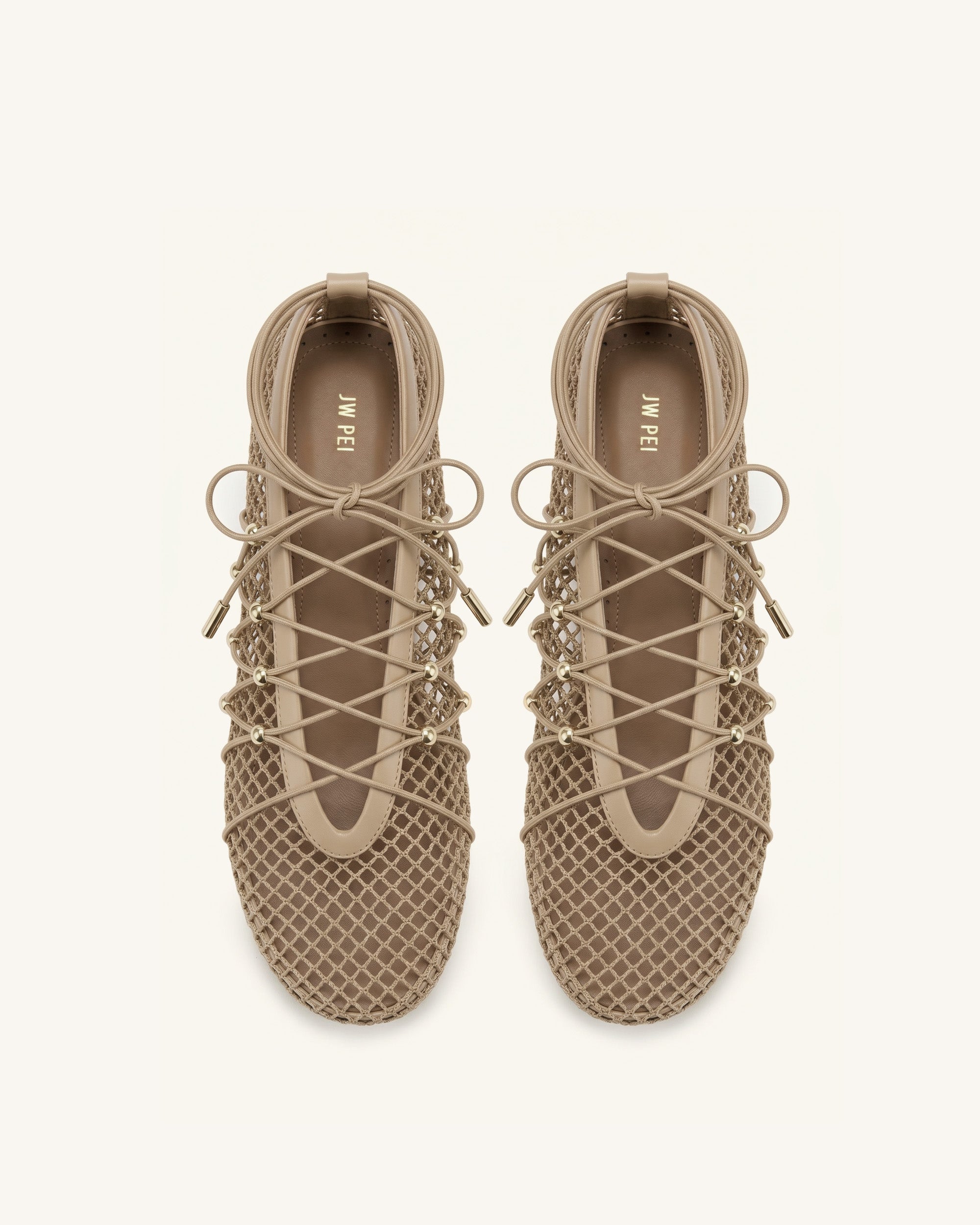 Aurelia Mesh Lace-Up Ballet Flats - Light Brown