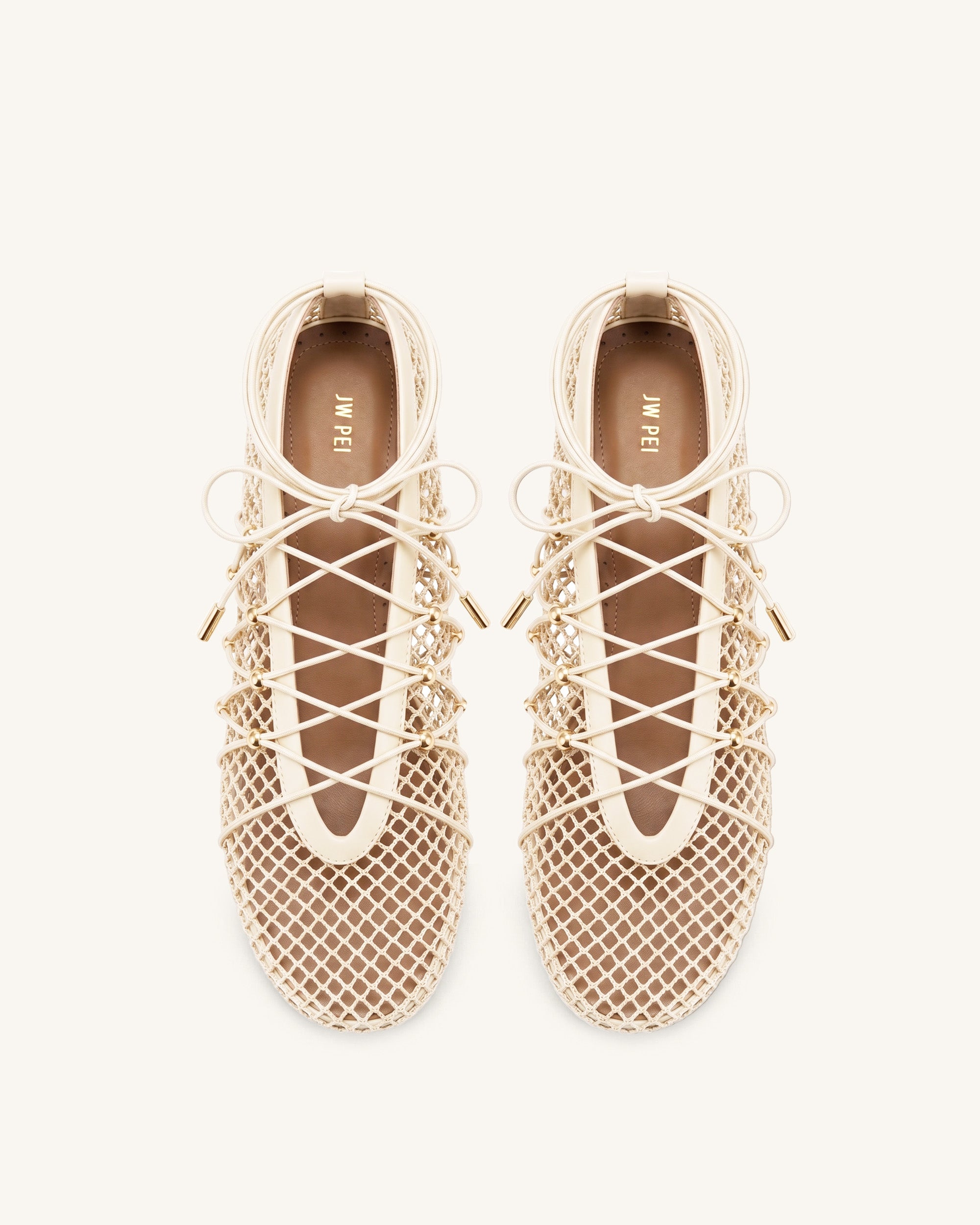 Aurelia Mesh Lace-Up Ballet Flats - Beige