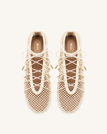Aurelia Mesh Lace-Up Ballet Flats - Beige