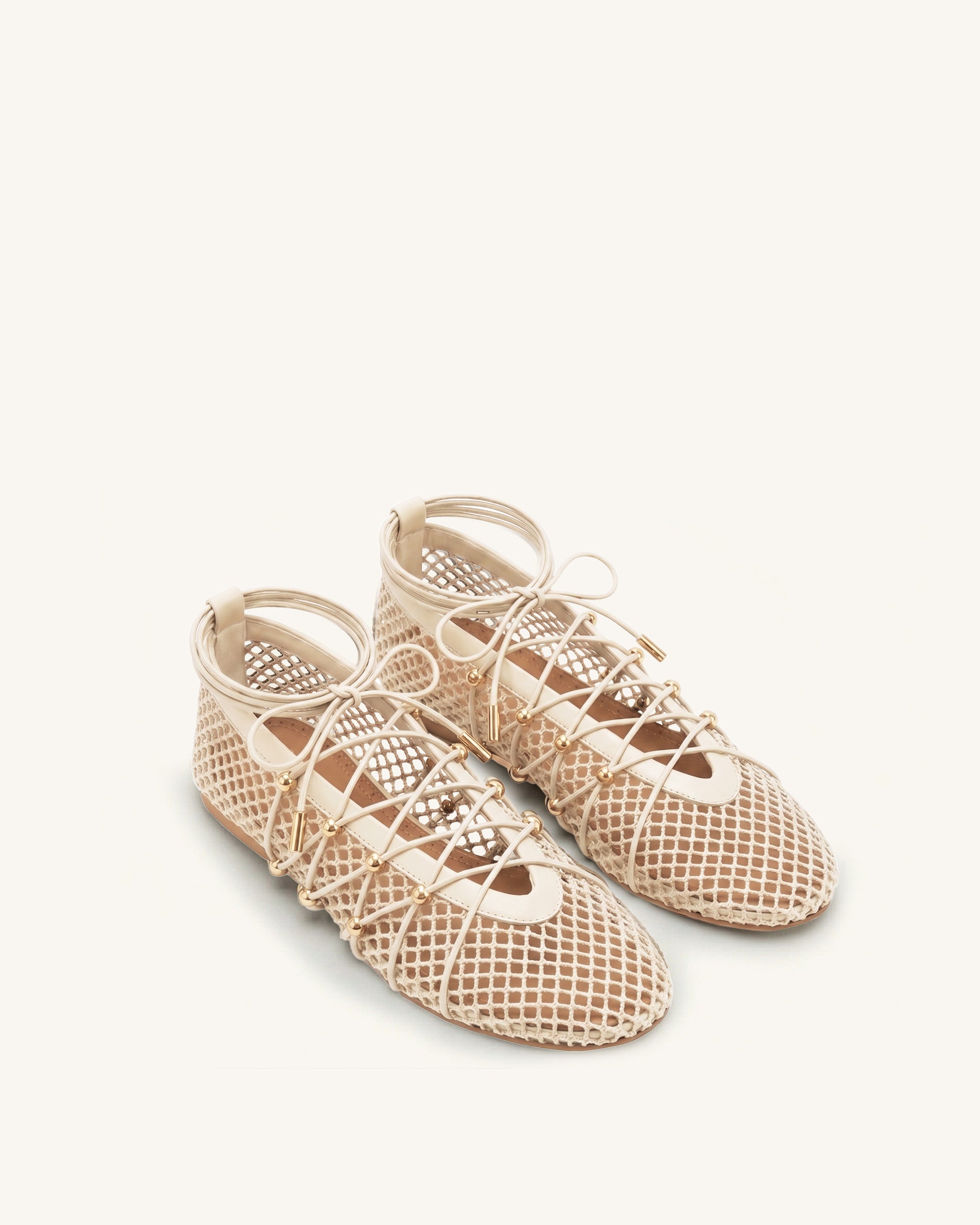 Aurelia Mesh Lace-Up Ballet Flats - Beige