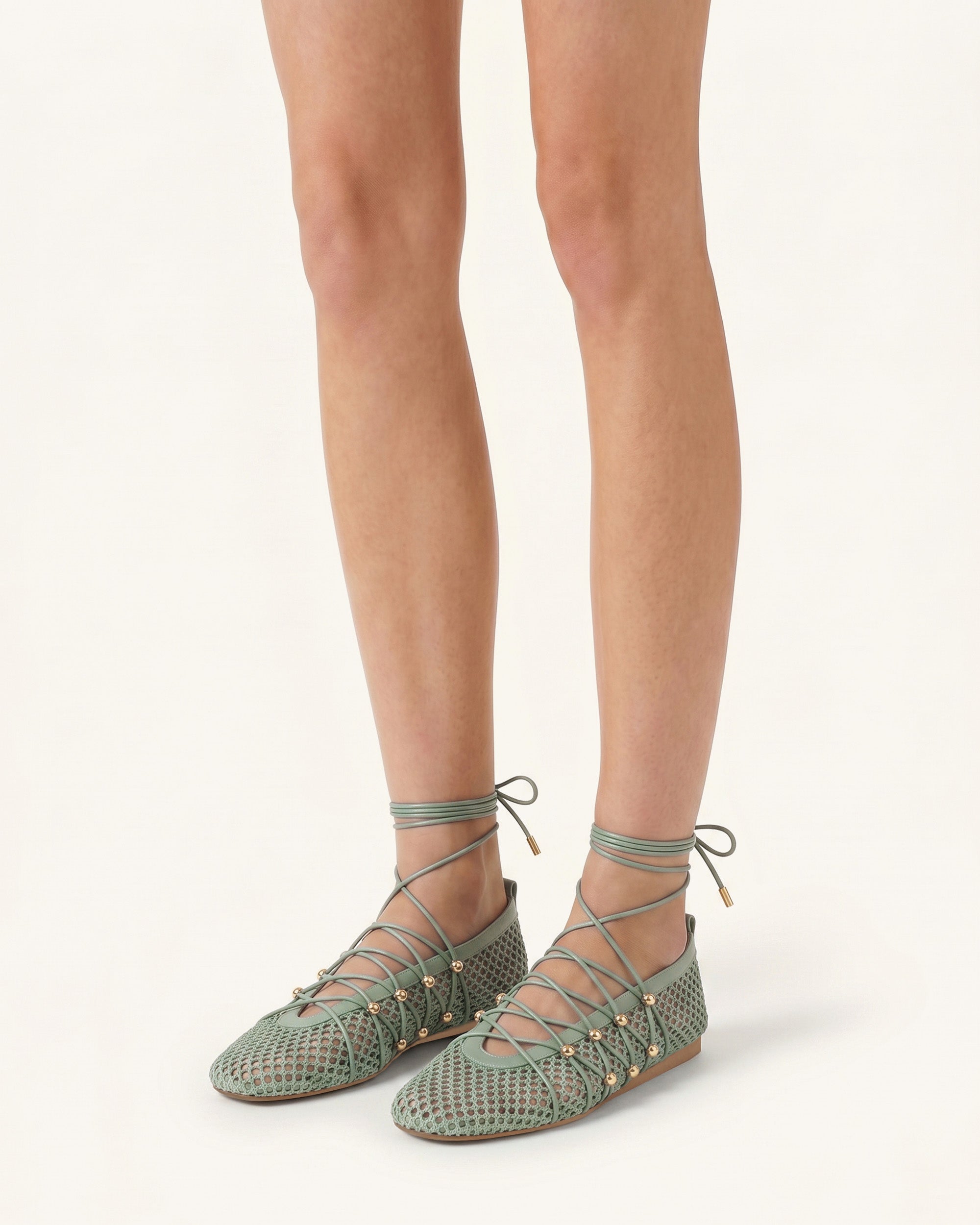 Aurelia Mesh Lace-Up Ballet Flats - Green