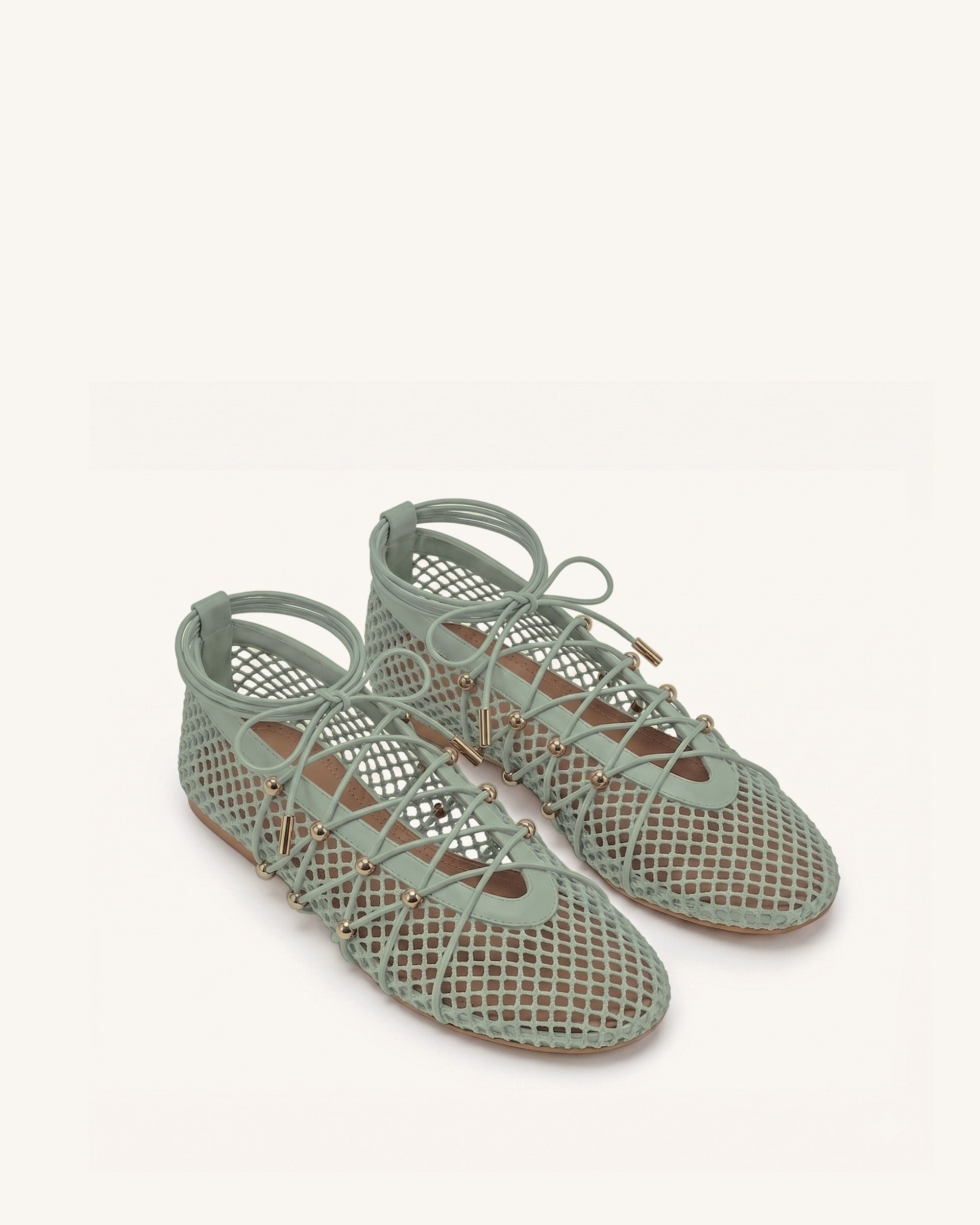 Aurelia Mesh Lace-Up Ballet Flats - Green