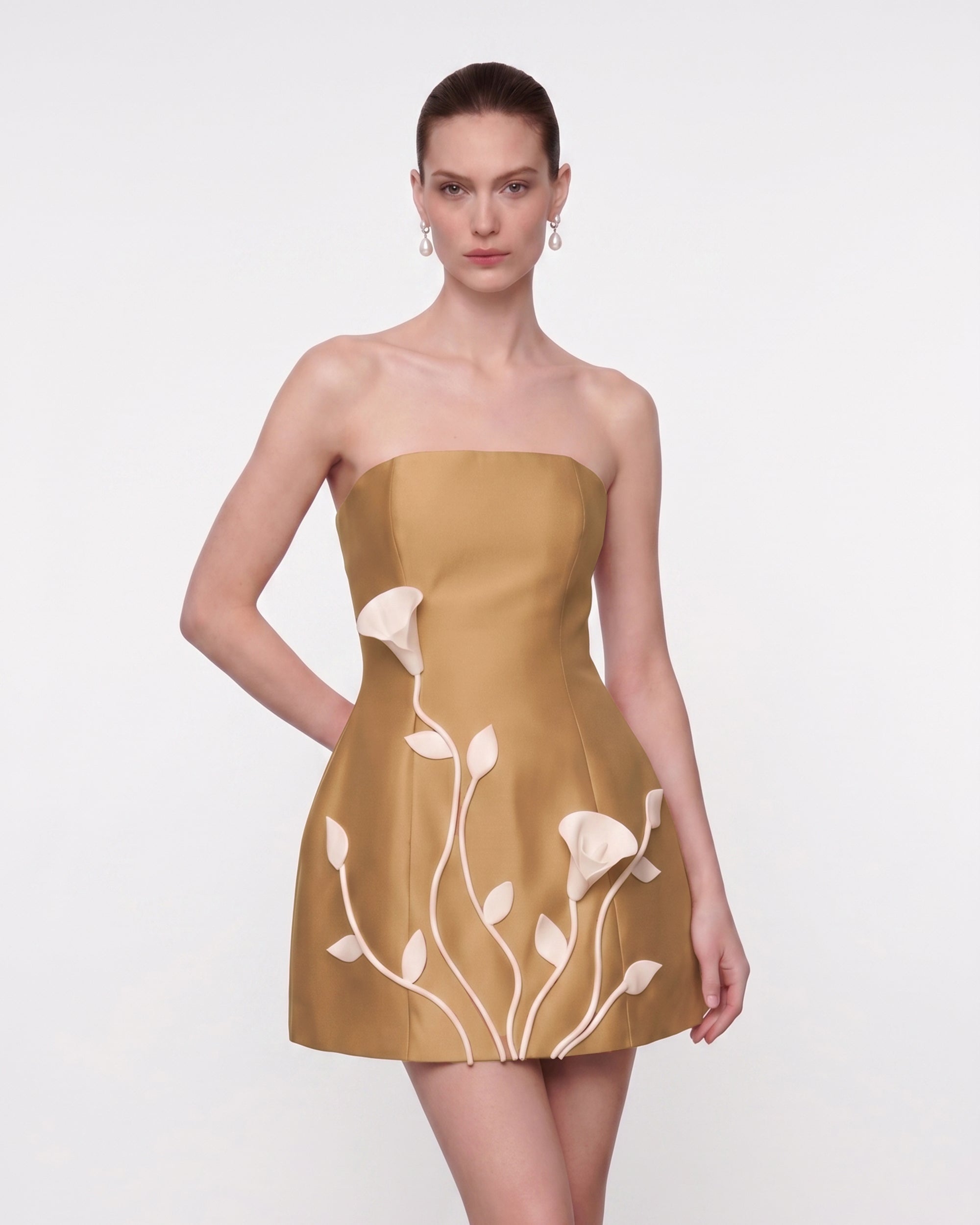 3D Vine Floral Strapless Mini Dress - Ocher Gold