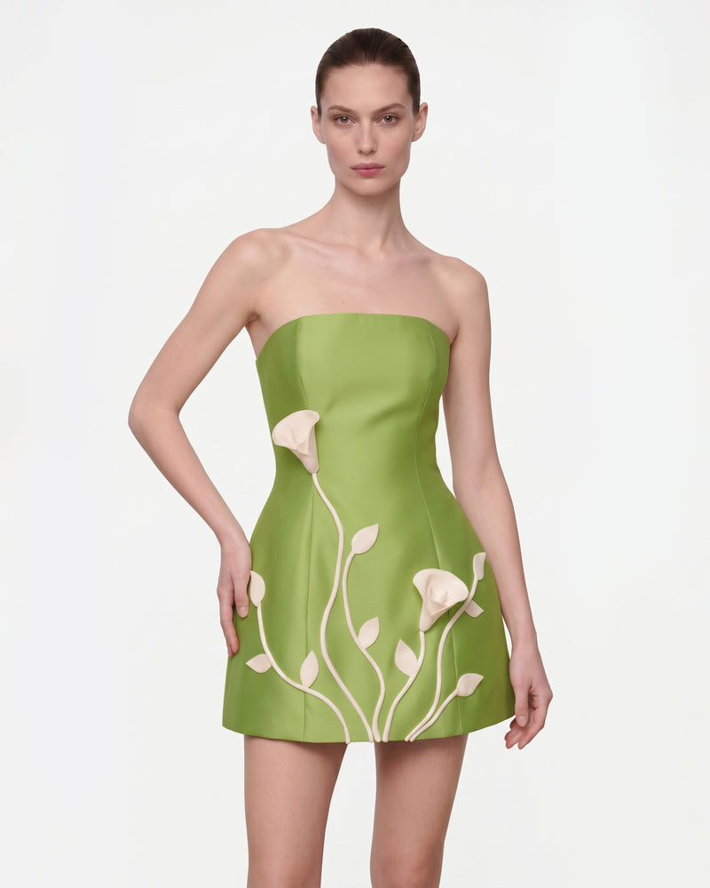 3D Vine Floral Strapless Mini Dress - Light Green
