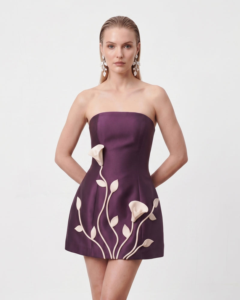 3D Vine Floral Strapless Mini Dress - Plum
