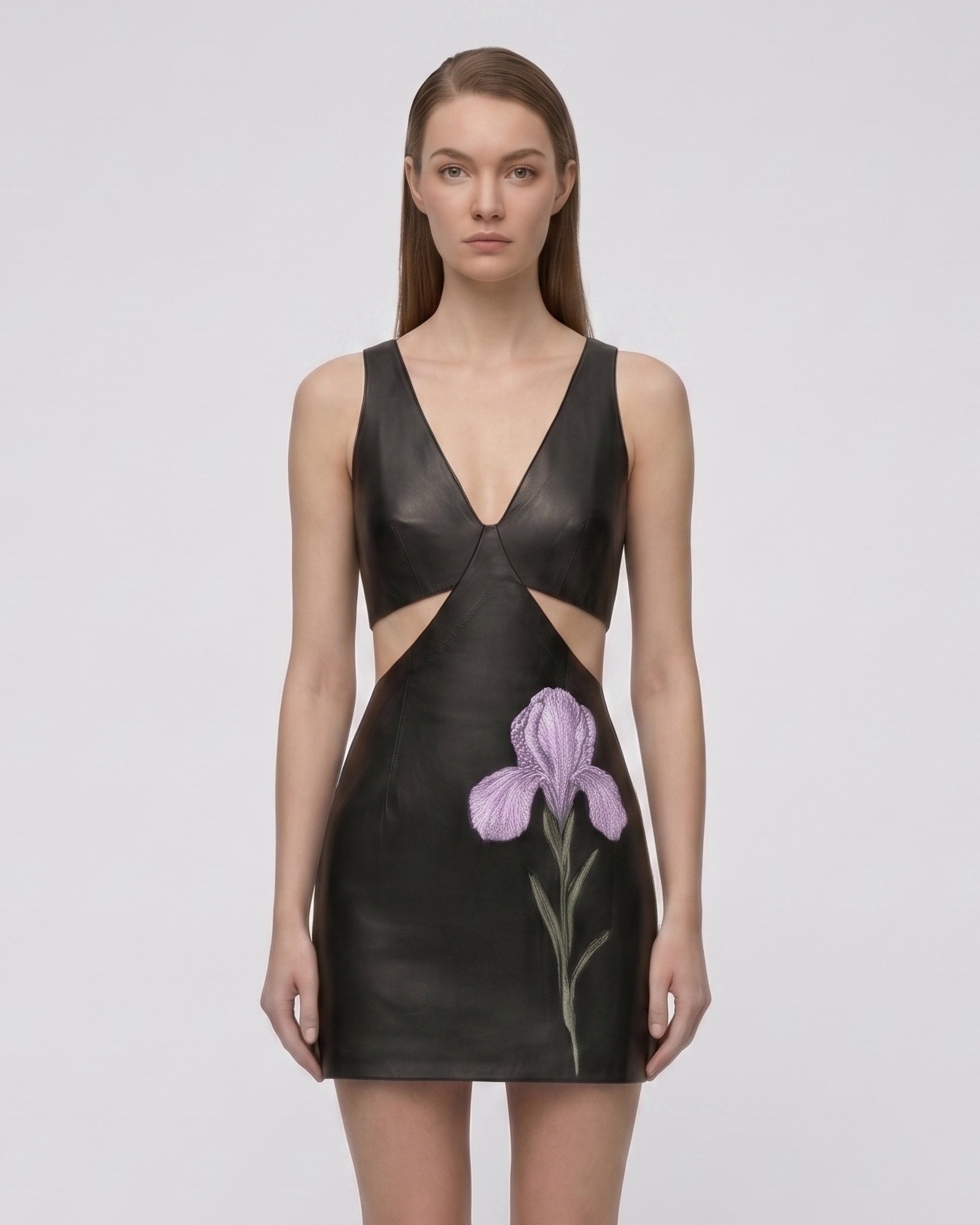 Iris Floral Cutout Bodycon Leather Mini Dress - Black
