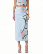 Lily Floral Embroidered High Waist Pencil Midi Skirt - Light Blue