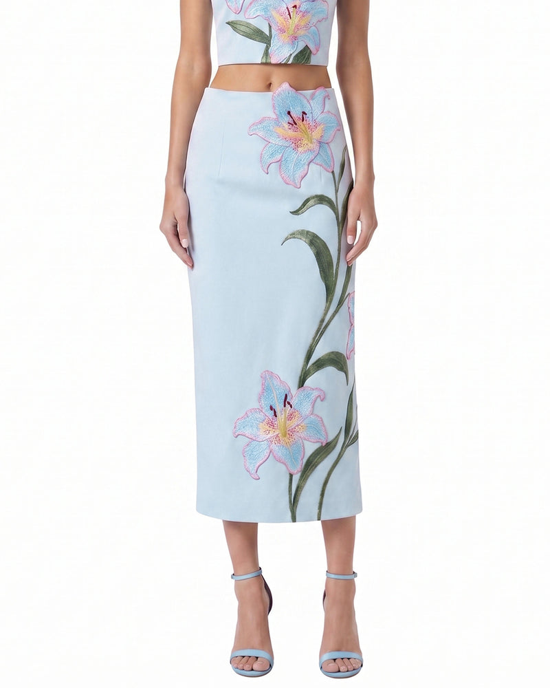 Lily Floral Embroidered High Waist Pencil Midi Skirt - Light Blue