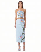 Lily Floral Embroidered High Waist Pencil Midi Skirt - Light Blue