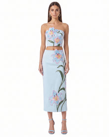 Lily Floral Embroidered High Waist Pencil Midi Skirt - Light Blue