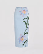 Lily Floral Embroidered High Waist Pencil Midi Skirt - Light Blue