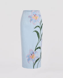 Lily Floral Embroidered High Waist Pencil Midi Skirt - Light Blue
