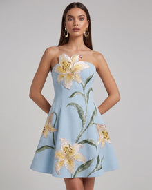 Lily Floral Print Strapless A-Line Mini Dress - Light Blue