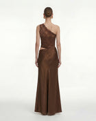 Floral One Shoulder Satin Dress - Brown