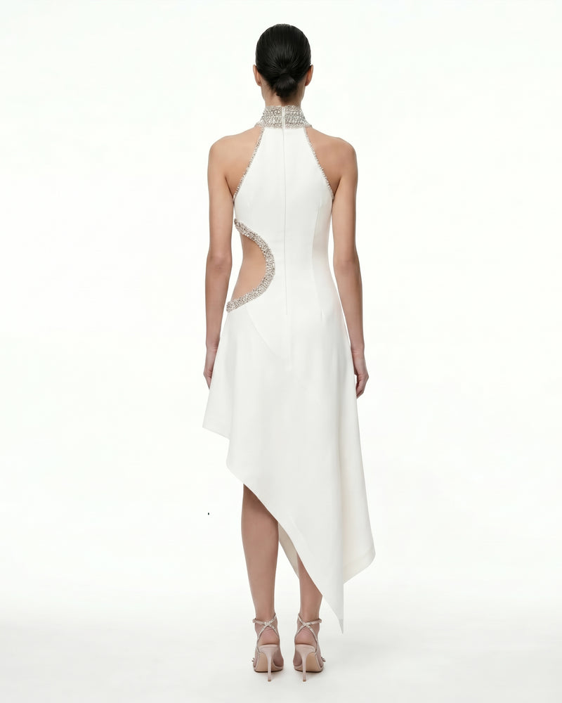 Jeweled Floral Cutout High Neck Dress - White