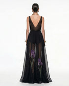 Sheer Floral Print Maxi Dress - Black