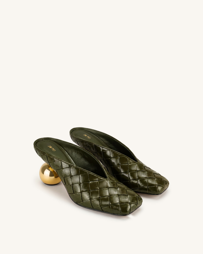 Ellie Woven Square-Toe Mule Heels - Green