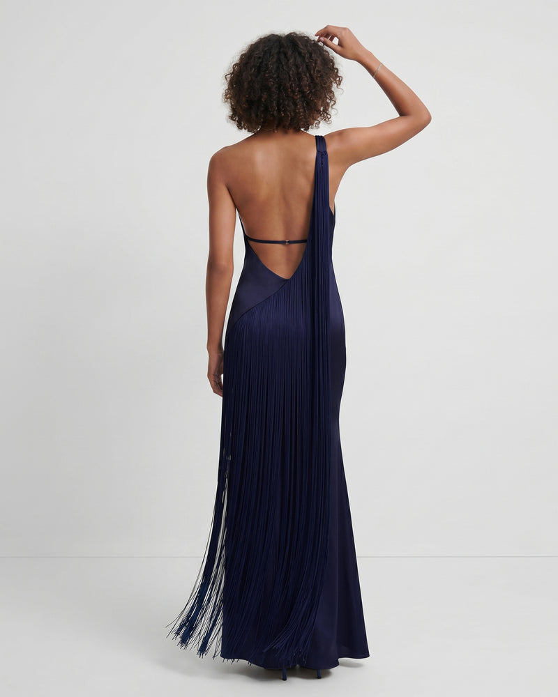 Fringe One Shoulder Maxi Dress - Navy Blue