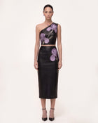 Iris Floral-Print One-Shoulder Leather Crop Top - Black