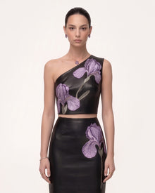 Iris Floral-Print One-Shoulder Leather Crop Top - Black