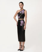 Iris Floral-Print High Waist Pencil Leather Midi Skirt - Black
