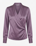 Satin Wrap V Neck Long Sleeve Blouse - Dusty Mauve