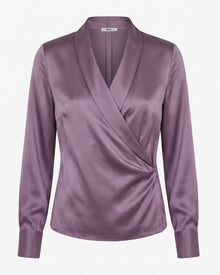Satin Wrap V Neck Long Sleeve Blouse - Dusty Mauve