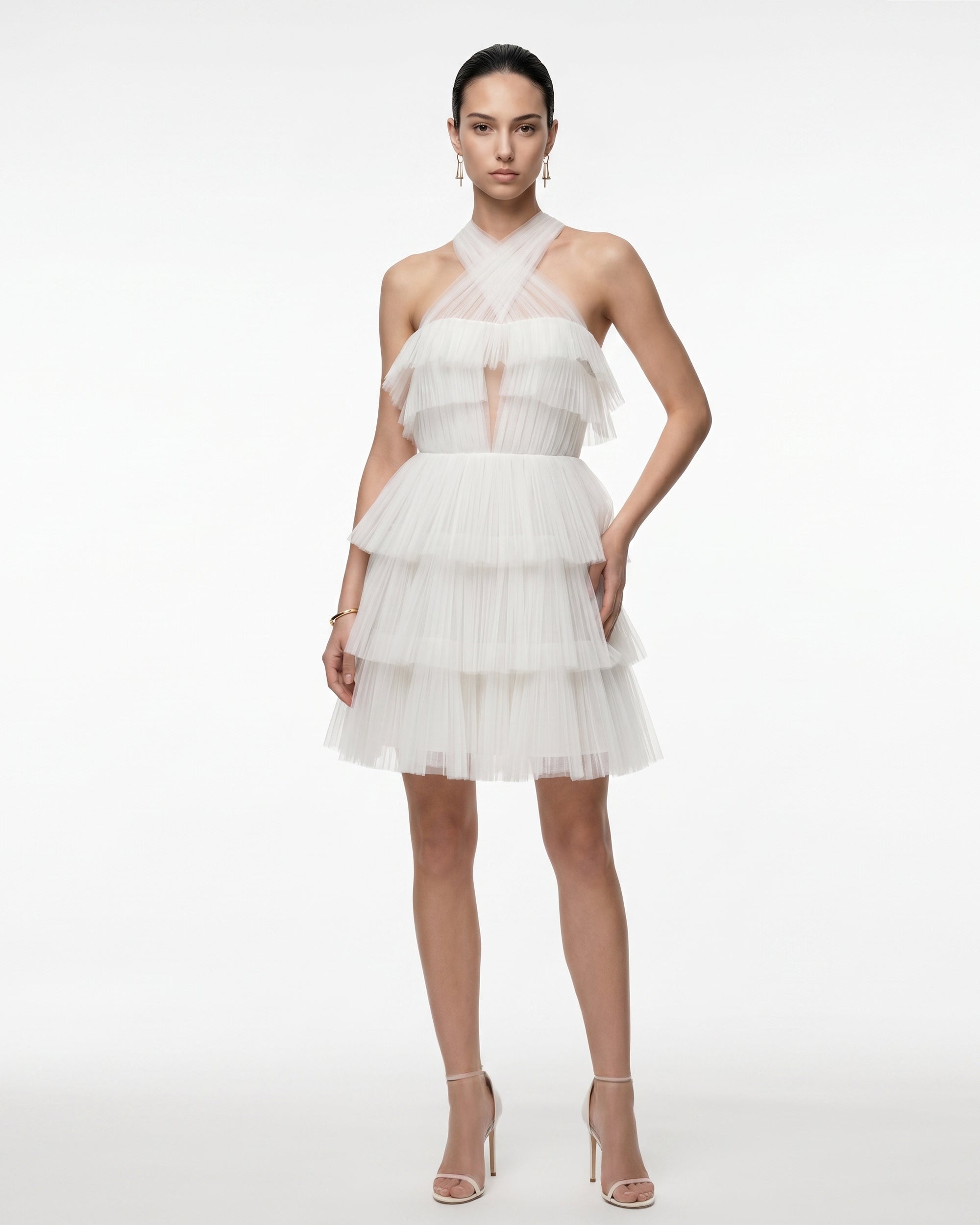 Tulle Cross Halter Tiered Ruffle Mini Dress - Ivory