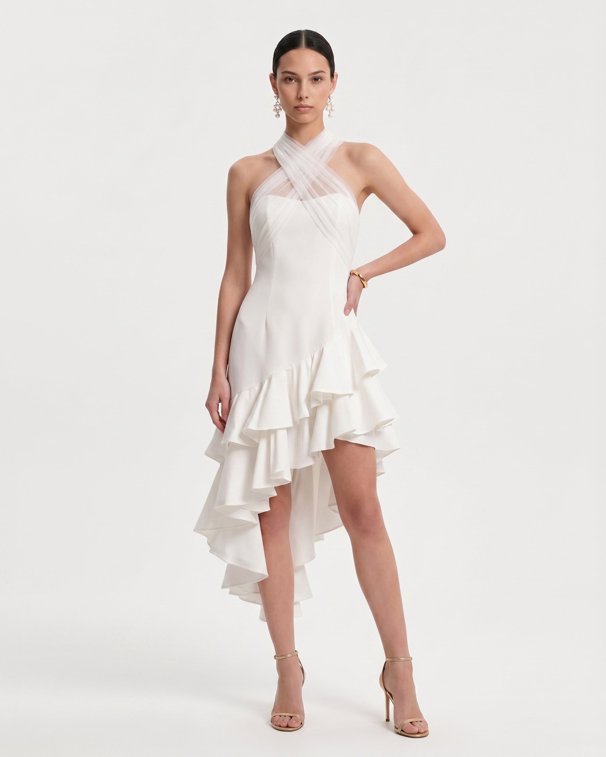 Tulle Cross Halter Asymmetric Ruffle Mini Dress - Ivory