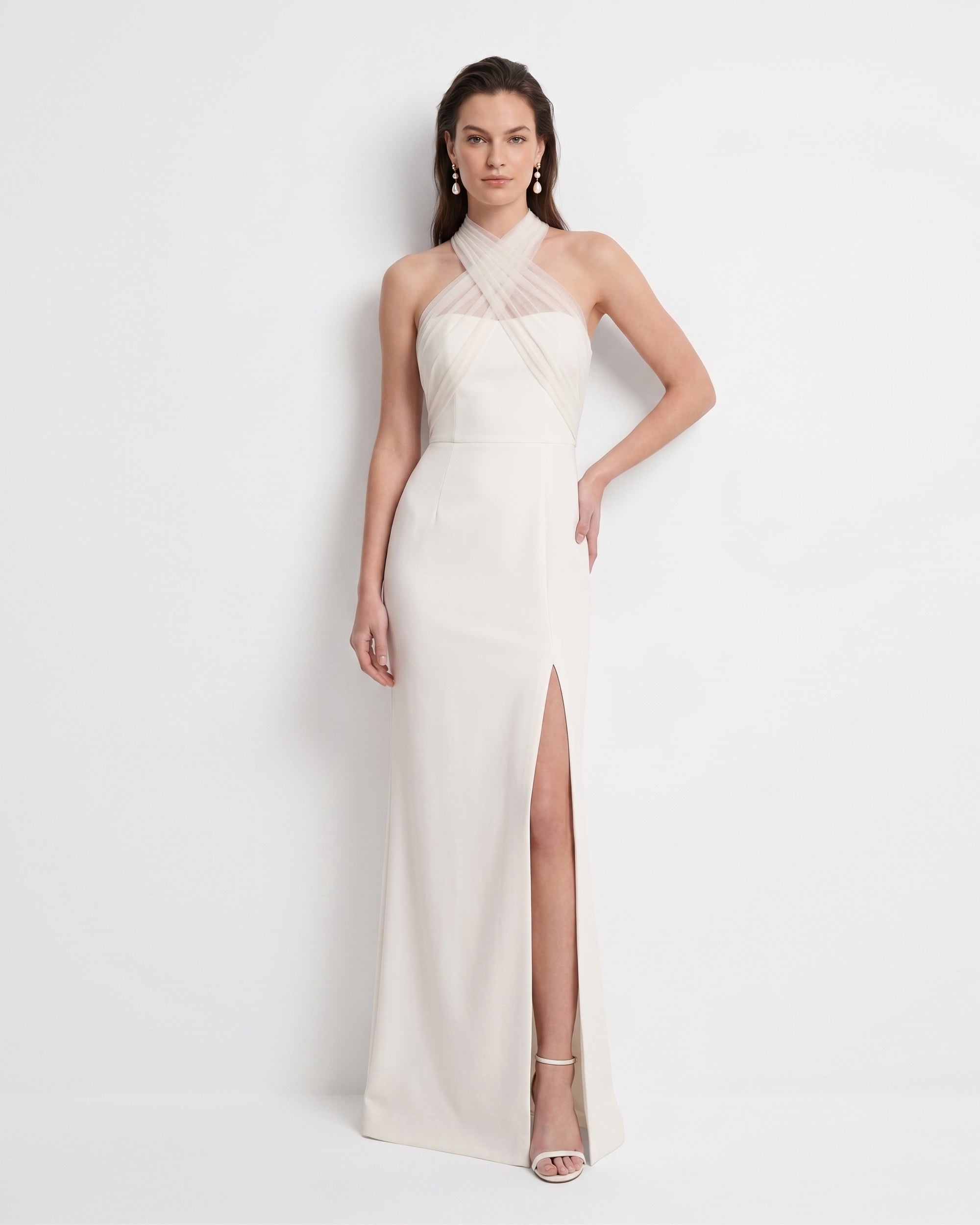 Tulle Cross Halter High Slit Maxi Dress - Ivory
