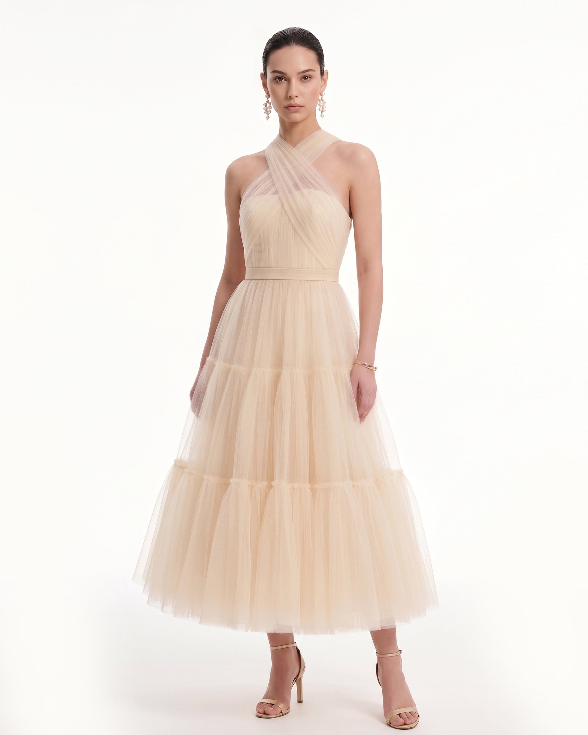 Tulle Cross Halter Tiered Midi Dress - Nude Apricot