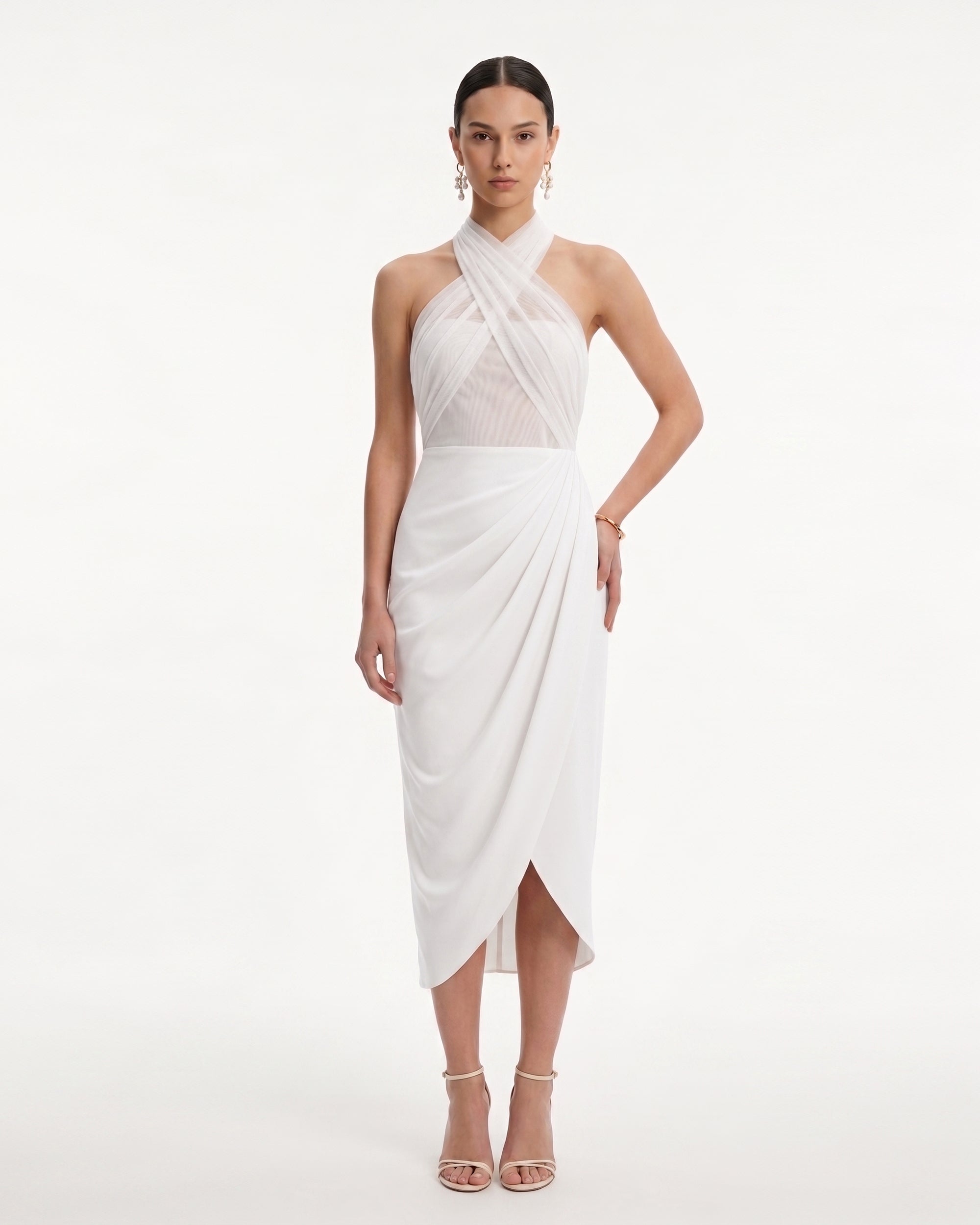 Sheer Cross Halter Draped Midi Dress - Ivory
