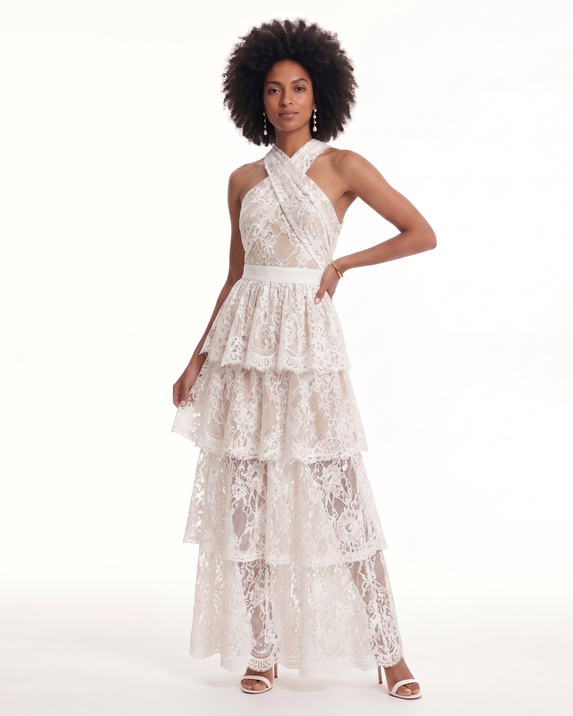 Lace Cross Halter Tiered Maxi Dress - Ivory