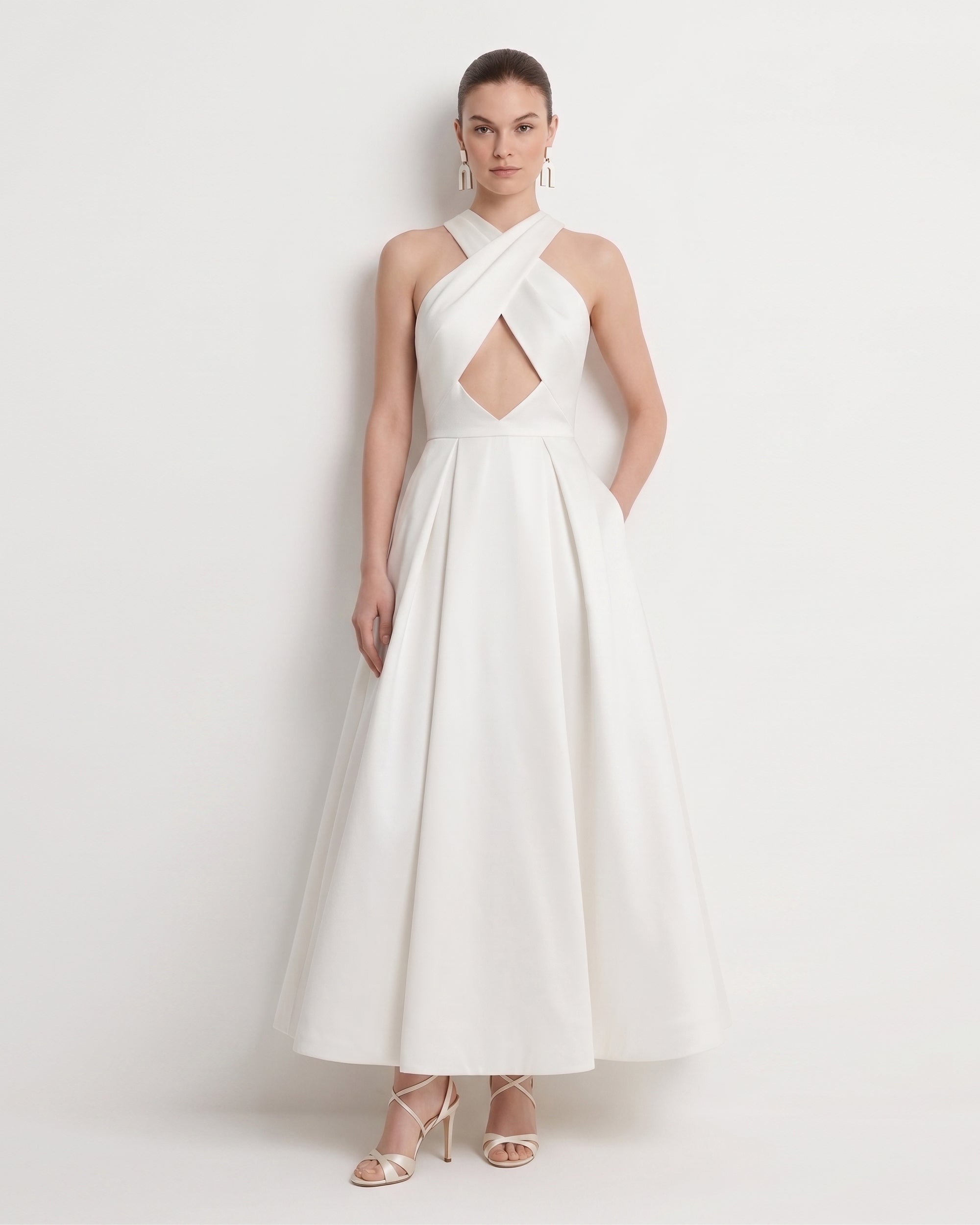 Cross Halter Cut-Out A-Line Midi Dress - Ivory