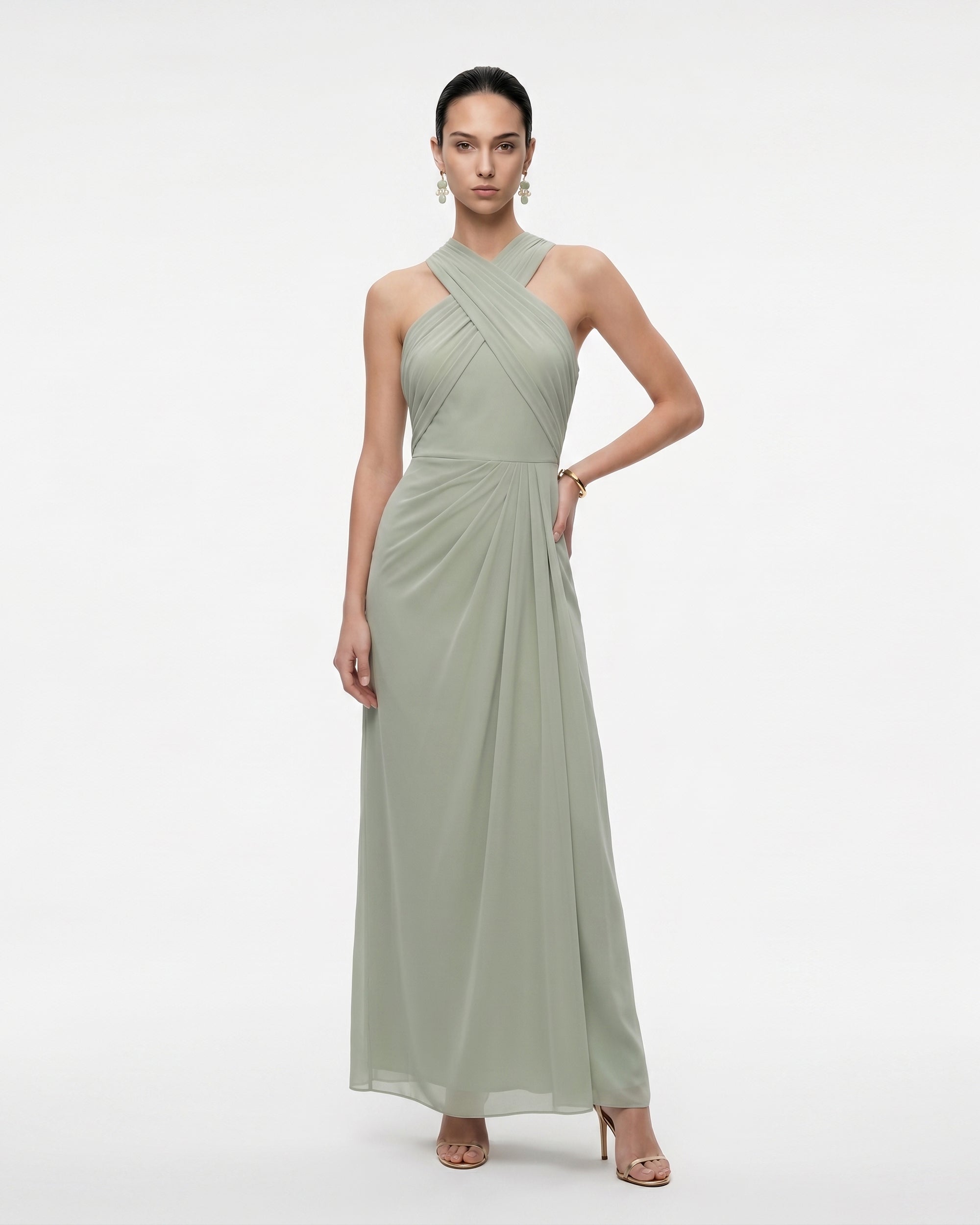 Draped Cross Halter Maxi Dress - Sage Green