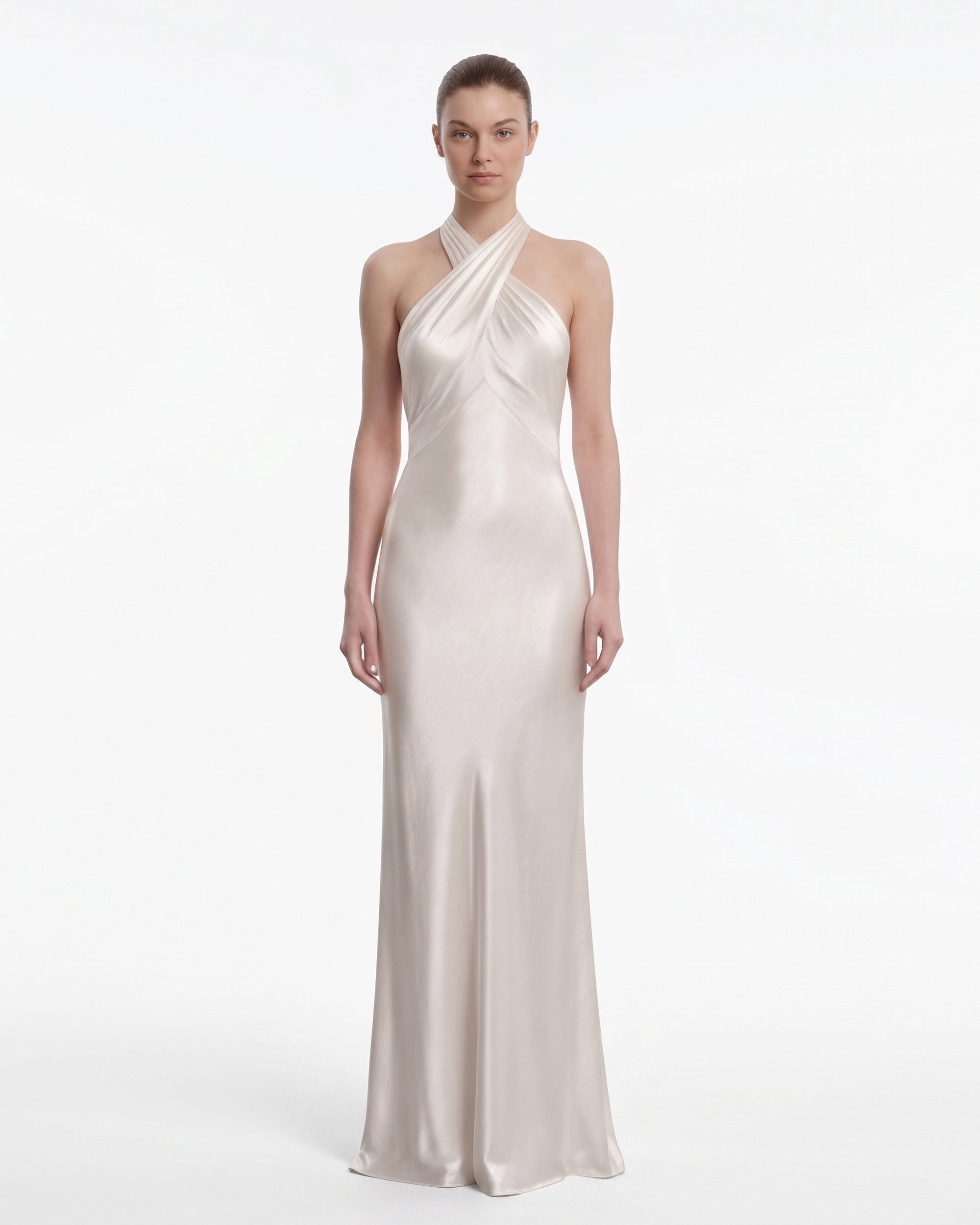 Satin Cross Halter Column Maxi Dress - Champagne