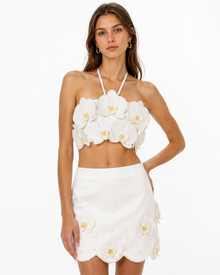 Orchid Floral Appliqué Halter Cropped Top - Ivory