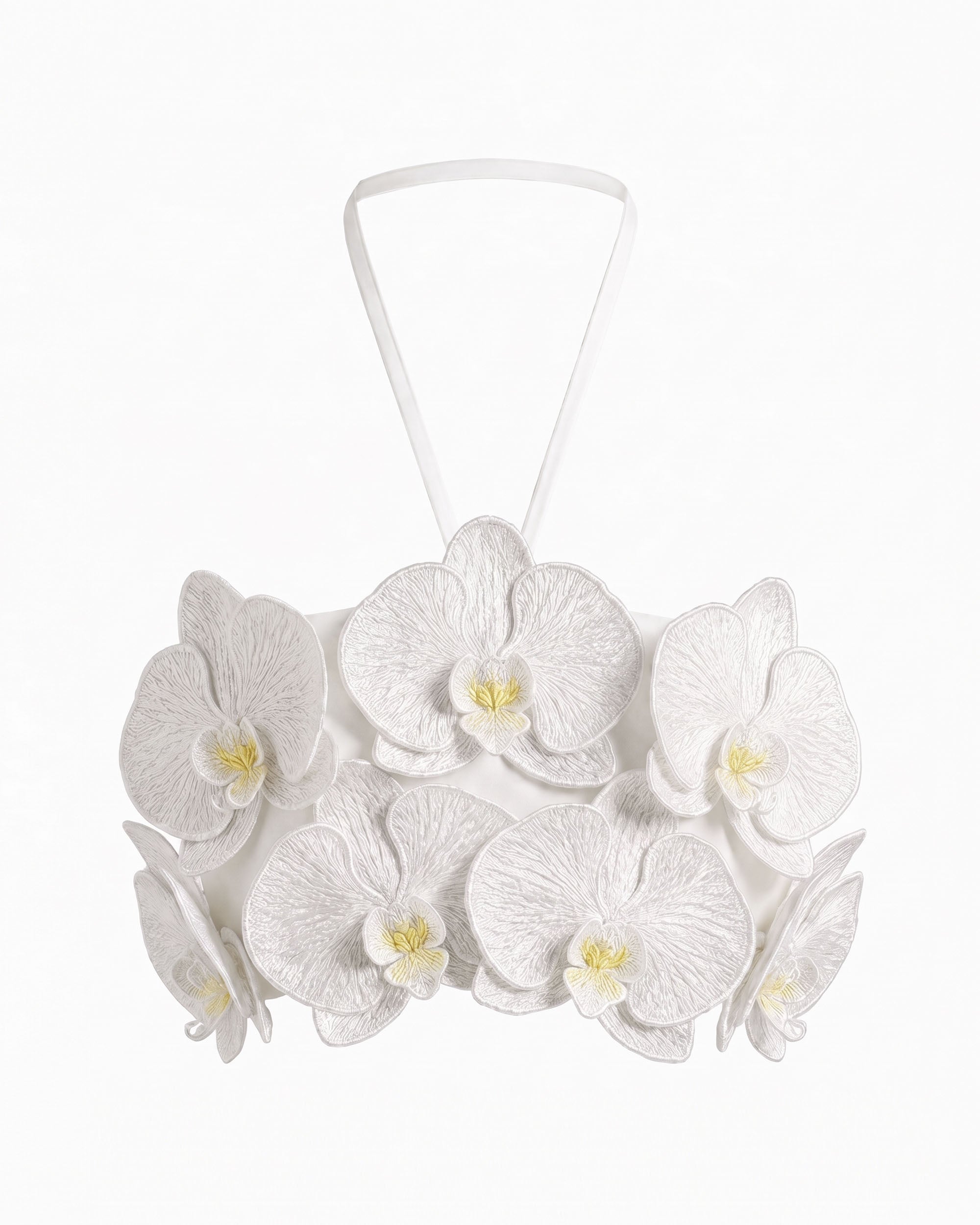 Orchid Floral Appliqué Halter Cropped Top - Ivory