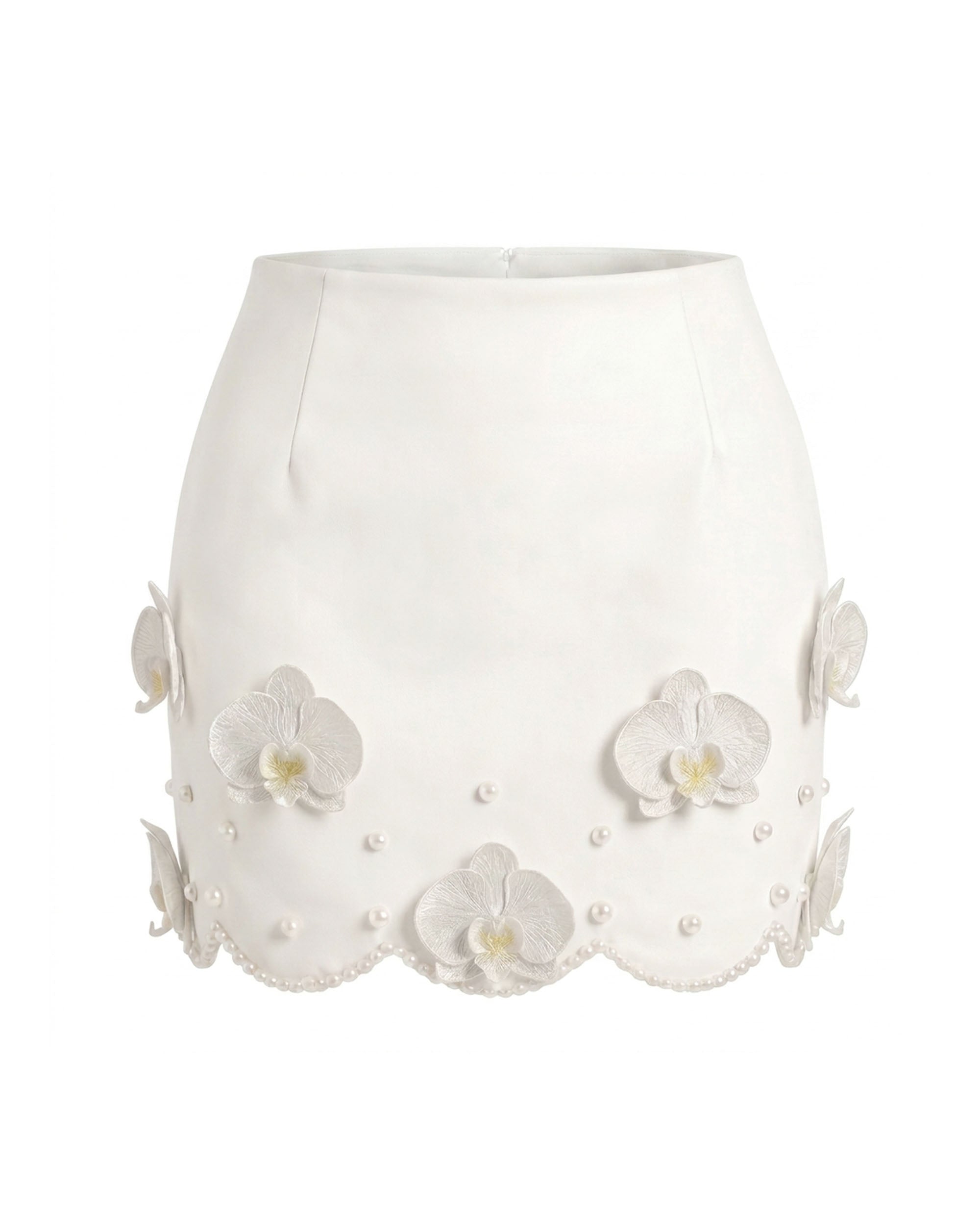 Orchid Floral Appliqué Pearl Trim Mini Skirt - Ivory