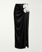 Orchid Embroidered Appliqué Draped Maxi Skirt - Black