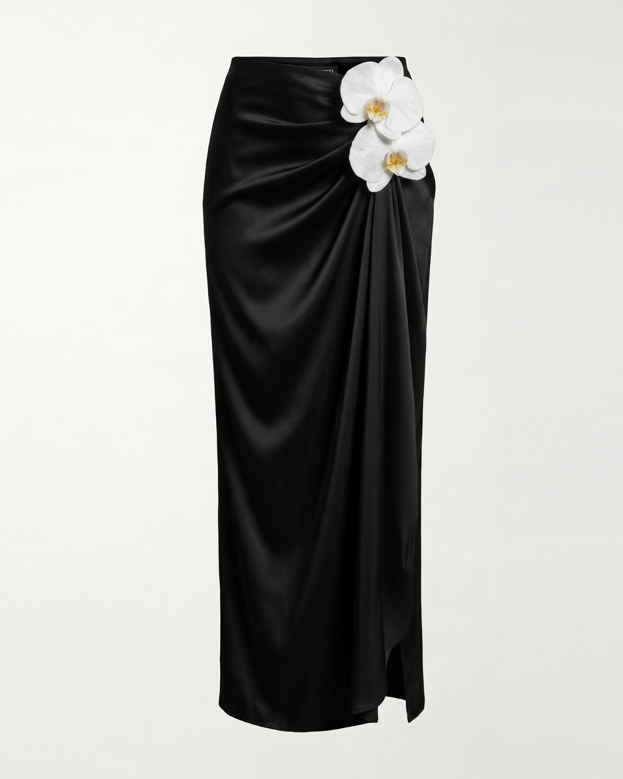 Orchid Embroidered Appliqué Draped Maxi Skirt - Black