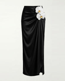 Orchid Embroidered Appliqué Draped Maxi Skirt - Black